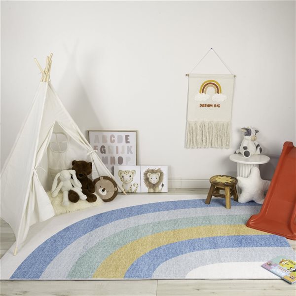 Tapis d'intérieur doux pour enfants Soft Steps Playtime par Rug Branch 4 x 6 po arc-en-ciel Bleu clair Ivoire