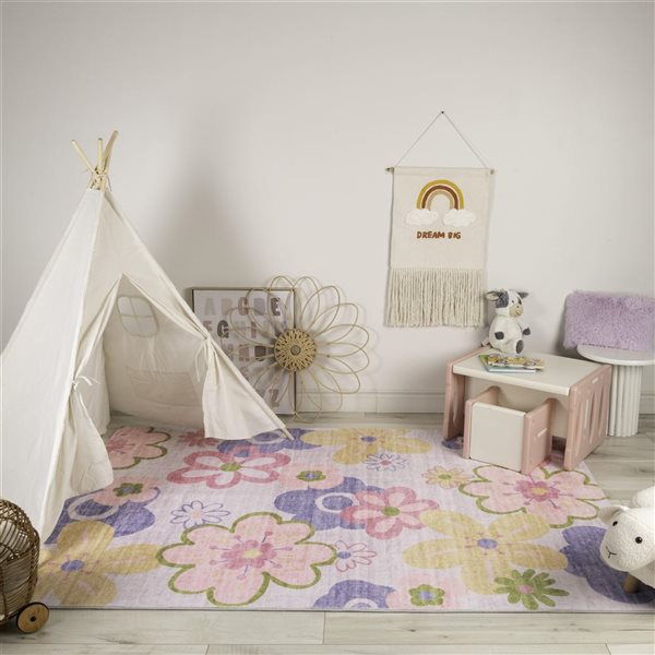 Tapis de jeu pour enfants Soft Steps Playtime par Rug Branch 6 x 9 po fleurs rose et mauve