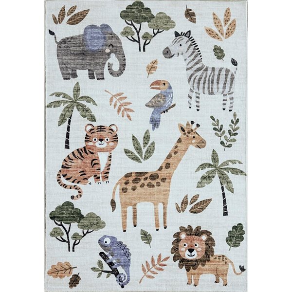 Rug Branch Kids Soft Steps Playtime 5 x 7-in aCartoon Animals, Educational Learning White Beige Indoor Soft Area Rug