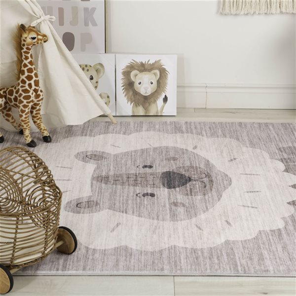 Tapis d'intérieur doux pour enfants Soft Steps Playtime par Rug Branch 4 x 6 po Lion Beige Gris