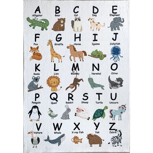 Tapis intérieur pour enfants Soft Steps Playtime par Rug Branch, 4 x 6 po, motif alphabet, animaux, blanc, beige