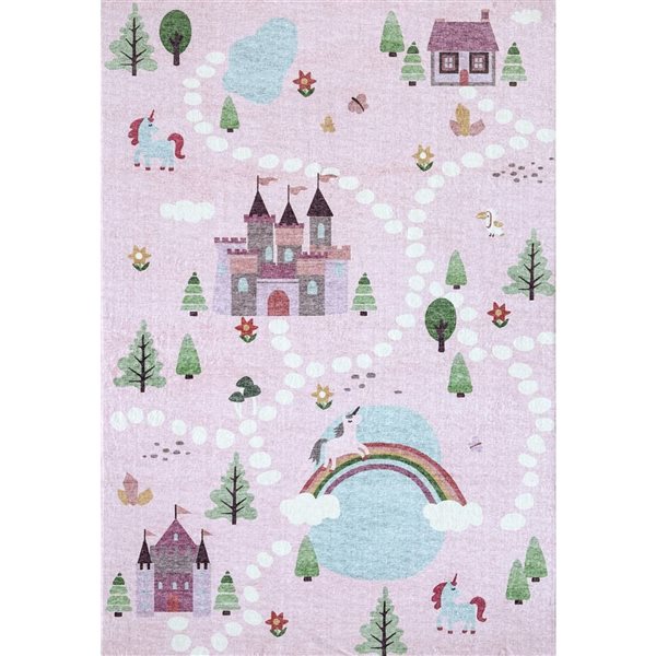 Tapis intérieur pour enfants Soft Steps Playtime par Rug Branch licornes château carte routière rose et blanc 4 x 6 po