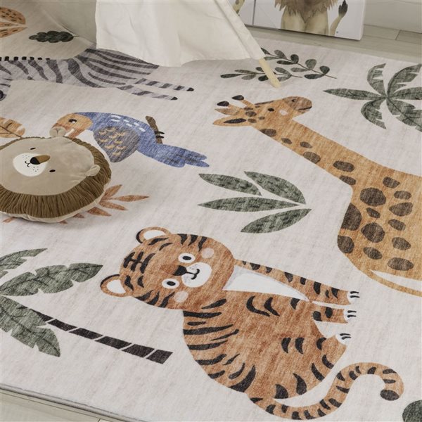 Tapis intérieur doux Soft Steps Playtime par Rug Branch 4 x 6 po Animaux de dessin animé, Blanc Beige