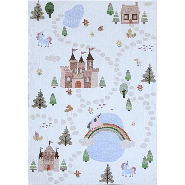 Tapis intérieur doux Kids Soft Steps Playtime par Rug Branch 8 x 10 po Licornes, château, carte routière Blanc Bleu