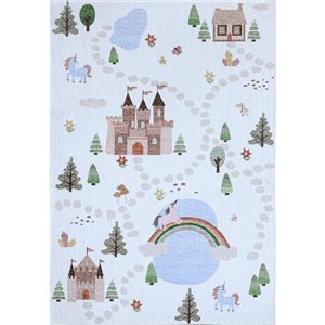 Tapis intérieur doux Kids Soft Steps Playtime par Rug Branch 8 x 10 po Licornes, château, carte routière Blanc Bleu