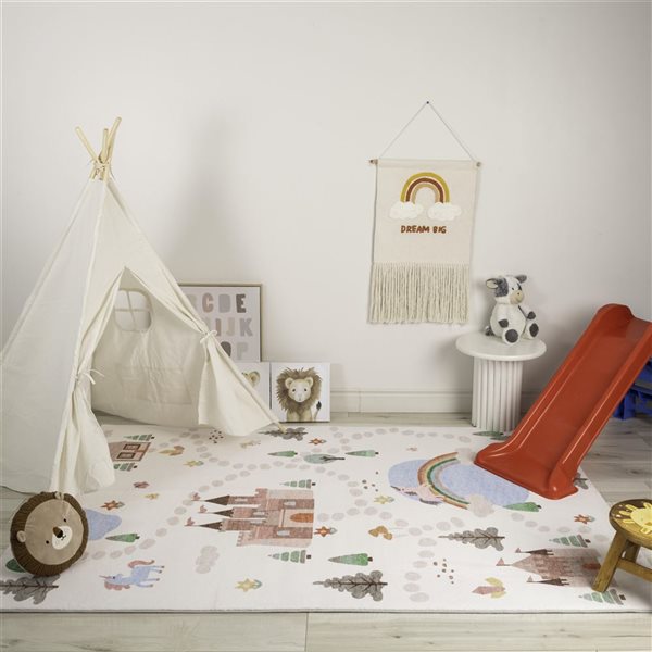 Rug Branch Kids Soft Steps Playtime 8 x 10-in Unicorns, Castle, Road Map White Blue Indoor Soft Area Rug