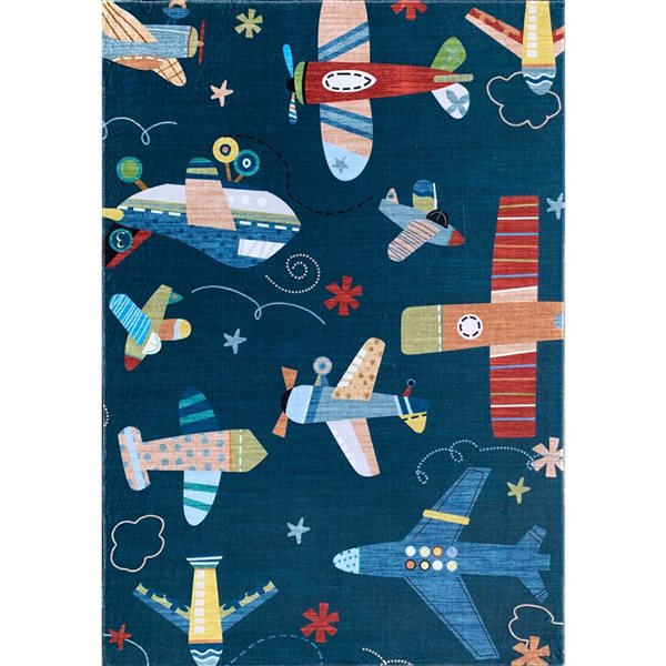 Tapis d'intérieur doux pour enfants Soft Steps Playtime par Rug Branch 5 x 7 po, bleu marine, motif avion