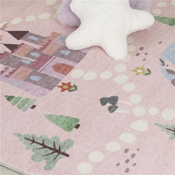 Tapis intérieur pour enfants Soft Steps Playtime par Rug Branch, 6 x 9 po licornes, château, carte, rose et blanc