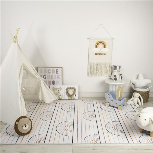 Tapis d'intérieur doux pour enfants Soft Steps Playtime par Rug Branch, 4 x 6 po, rayures colorées, arc-en-ciel, bleu, rose