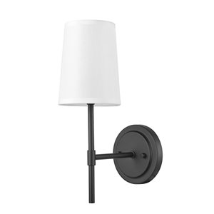 Applique murale à 1 lumière de Globe Electric noir mat avec abat-jour en tissu blanc