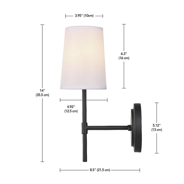 Globe Electric 1-Light Matte Black Wall Sconce w/ White Fabric Shade