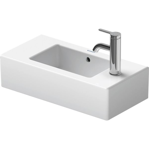 Lavabo rectangulaire mural Vero Duravit en porcelaine blanche 19,63 po avec trop-plein, trou de robinet à droite