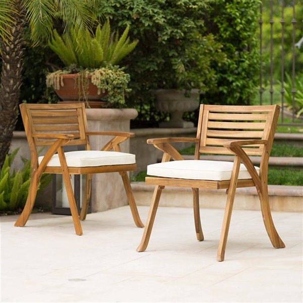 Cape Crack Wood Frame Teak Polyester Casual Traditional Dining Arm Chair  Hermosa Kd Wood Dining Chairs - Set of 2