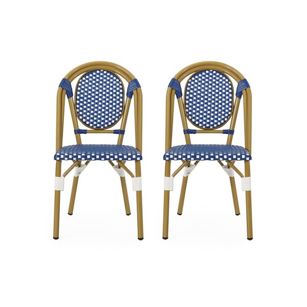 Cape Crack White/Blue Rattan Transitional French Bistro Chairs - Set of 2