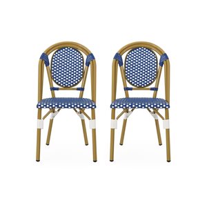 Cape Crack White/Blue Rattan Transitional French Bistro Chairs - Set of 2