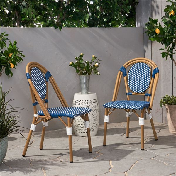 Cape Crack White/Blue Rattan Transitional French Bistro Chairs - Set of 2