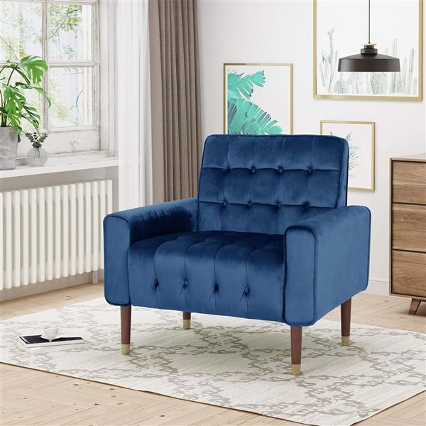 Cape Crack Blue Wood Contemporary Mirod Comfy Arm Chair with Tufted Back