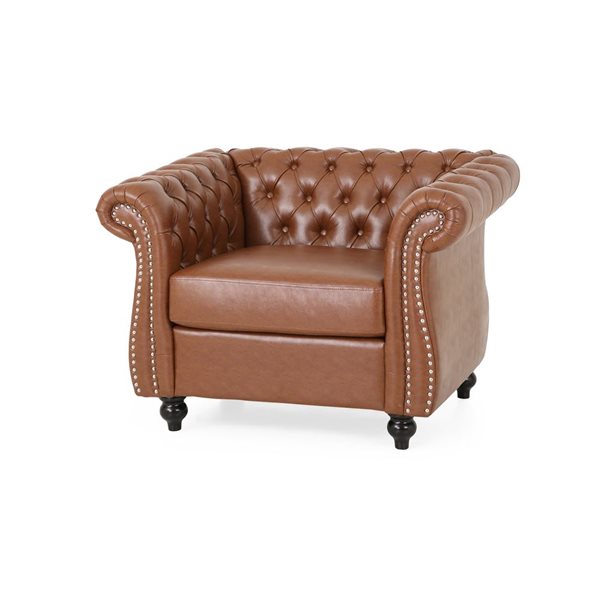 Cape Crack Brown Wood Traditional Comfy Arm Chair with Tufted Back