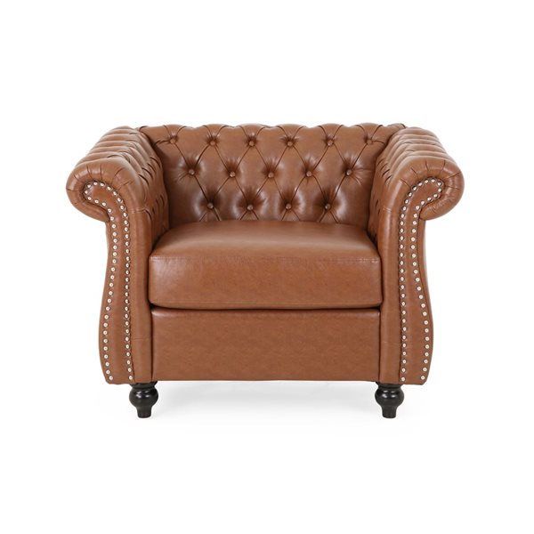 Cape Crack Brown Wood Traditional Comfy Arm Chair with Tufted Back