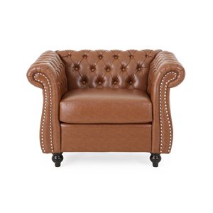 Cape Crack Brown Wood Traditional Comfy Arm Chair with Tufted Back