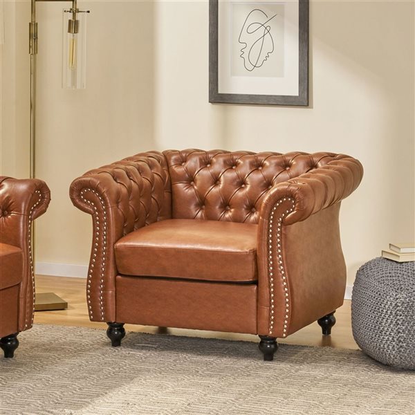 Cape Crack Brown Wood Traditional Comfy Arm Chair with Tufted Back