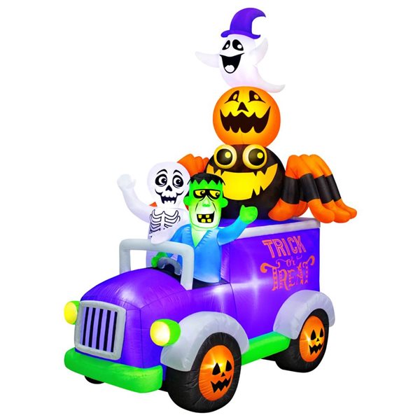 Occasions 5.75 W x 8 L x 10.5-ft H Truck w/ Skeleton, Frankenstein, Spider, Pumpkin and Ghost Halloween Inflatable