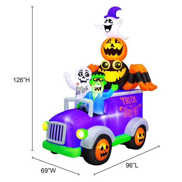 Occasions 5.75 W x 8 L x 10.5-ft H Truck w/ Skeleton, Frankenstein, Spider, Pumpkin and Ghost Halloween Inflatable