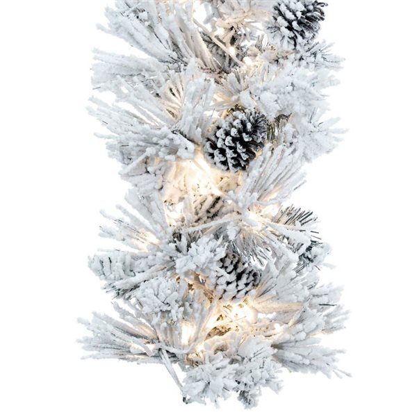 Vickerman 9-ft x 14-in Flocked Atka Artificial Christmas Garland, Warm White LED Lights