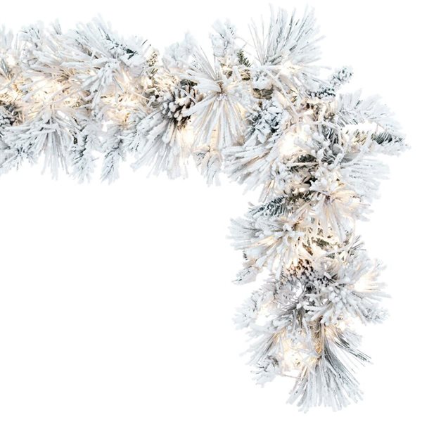 Vickerman 9-ft x 14-in Flocked Atka Artificial Christmas Garland, Warm White LED Lights