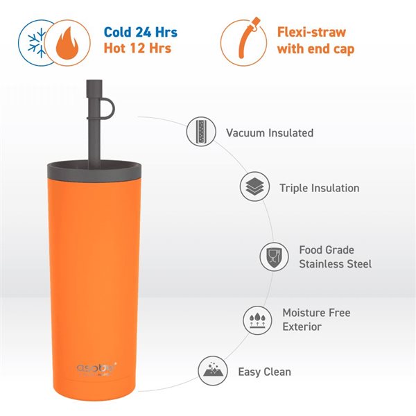 Asobu Sippy Orange 20 Ounces Double Wall Stainless Steel Tumbler with Silicone Flexible Straw