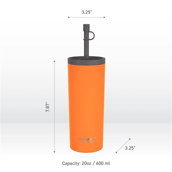 Asobu Sippy Orange 20 Ounces Double Wall Stainless Steel Tumbler with Silicone Flexible Straw