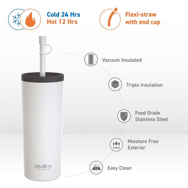 Asobu Sippy White 20 Ounces Double Wall Stainless Steel Tumbler with Silicone Flexible Straw