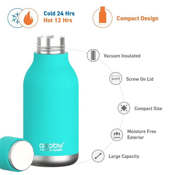 Asobu URBAN Turquoise 16 oz Vacuum Insulated Water Bottle