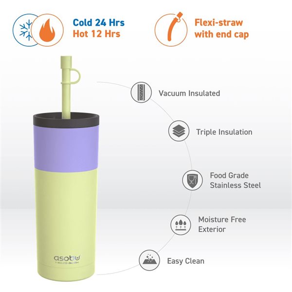 Asobu Sippy Pastel Yellow 20 Ounces Double Wall Stainless Steel Tumbler with Silicone Flexible Straw