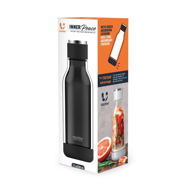 Asobu Inner Peace Black 17 oz Glass Water Bottle