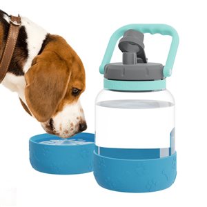 Bouteille d'eau Tritan par Asobu bleu de 50 oz avec bol pour chien attaché