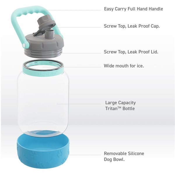 Asobu Tritan BLUE 50 Oz Water Bottle with Dog Bowl Attached