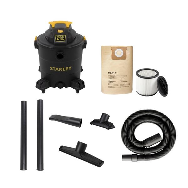 Aspirateur Stanley 5,5 CV avec réservoir en polyéthylène de 12 gallons pour eau et poussière