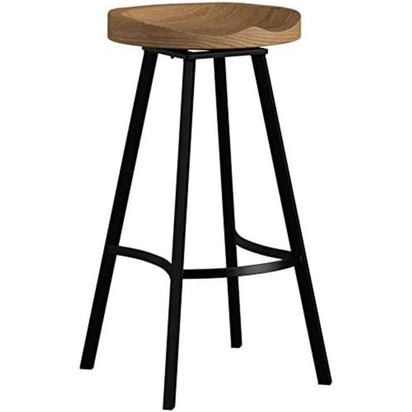 Cape Crack Black Metal Base/Natural Wooden Seat Industrial-Inspired Swivel Barstools, Set of 2