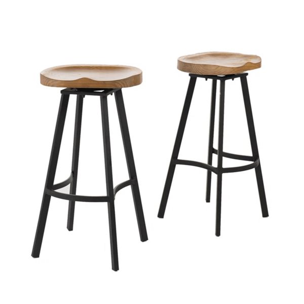 Cape Crack Black Metal Base/Natural Wooden Seat Industrial-Inspired Swivel Barstools, Set of 2