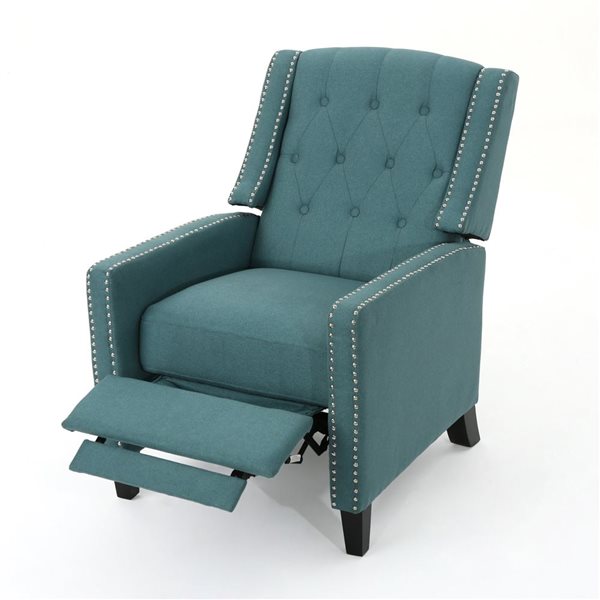 Cape Crack Teal Polyester Fabric Recliner w/ Footrest - Nailhead and Birch Legs