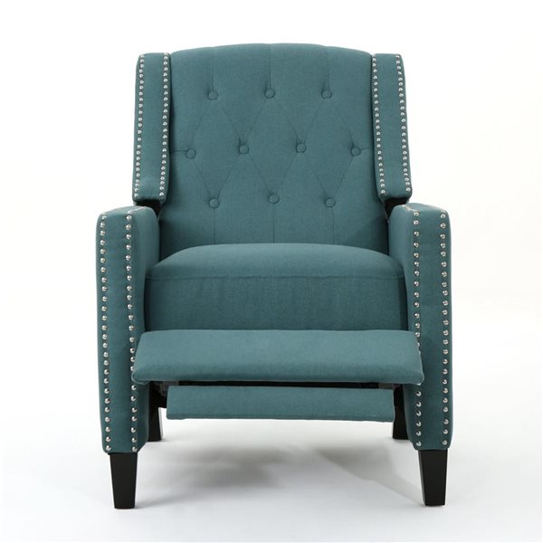 Cape Crack Teal Polyester Fabric Recliner w/ Footrest - Nailhead and Birch Legs