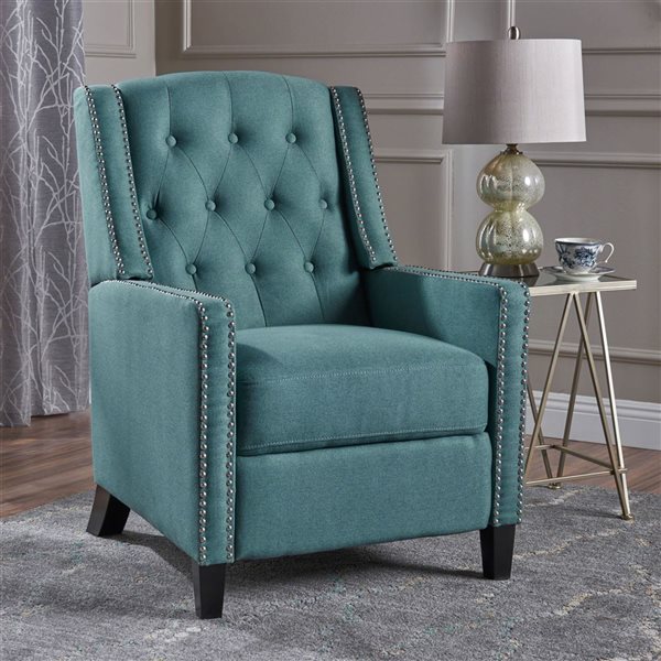 Fauteuil inclinable en tissu polyester sarcelle Cape Crack avec repose-pieds, clous décoratifs et pieds en bouleau