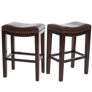 Cape Crack Brown Faux Leather/Wood Counterstools w/ Studded Seating and Saddle Seat, Set of 2