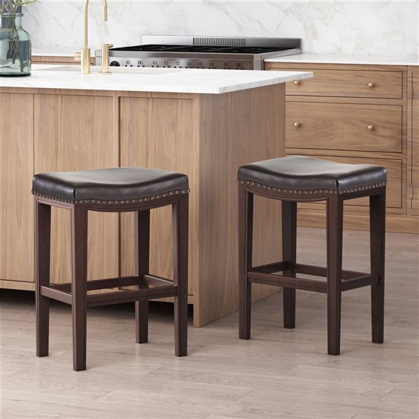 Cape Crack Brown Faux Leather/Wood Counterstools w/ Studded Seating and Saddle Seat, Set of 2