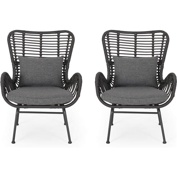 Chaises en rotin avec coussins gris Montana de Cape Crack avec cadre en métal noir, lot de 2