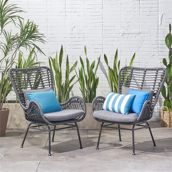 Cape Crack Montana Black Steel Frame/Grey Rattan Cushioned Chairs - Set of 2