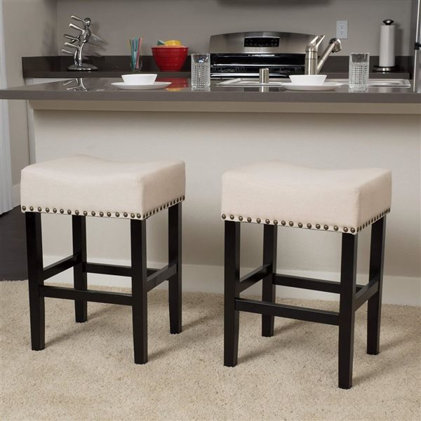 Cape Crack Beige Polyester Fabric Counterstools w/ Black Wood Legs, Set of 2