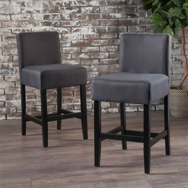 Cape Crack Dark Charcoal Polyester Blend/Black Wooden Legs Counterstools w/ L-Shape Backrest, Set of 2