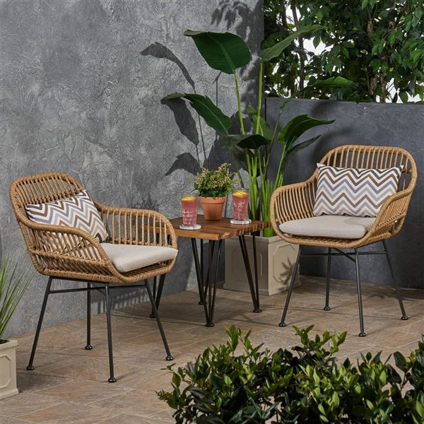 Cape Crack Orlando Brown Woven Rattan Side Chair w/ Black Metal Angled Legs and Beige Cushions - Set of 2